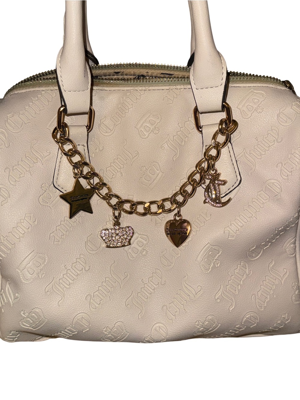 Juicy Couture Cream Embossed Logo Satchel with Gold Charm Chain
